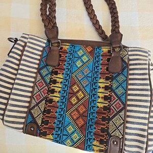 MMS Design Studio Brown Tote with Blue and Yellow Embroidered Panel